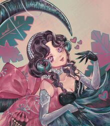 1girl afterlike anjo_nala bare_shoulders black_hair breasts choker cleavage curled_horns dress dutch_angle elbow_gloves gloves green_tail grey_background grey_choker grey_gloves grey_hairband grey_horns hairband hand_up heart highres horns lizard_tail long_hair low_horns lying medium_breasts on_stomach pink_dress purple_eyes reverse:1999 sleeveless sleeveless_dress solo tail upper_body