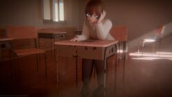1boy 3d absurdres blender_(medium) blue_eyes brown_hair cappyadams classroom heartie_atakiyo highres male_focus original sad school_uniform self-upload short_hair solo