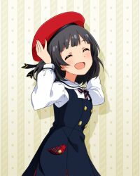 1girl :d arms_up beret black_dress black_hair blunt_bangs blush breasts buttons closed_eyes collar collared_shirt diagonal-striped_ribbon dot_nose dress elementary_schoolmate_(idolmaster) emblem from_side hat idolmaster idolmaster_million_live! idolmaster_million_live!_theater_days long_sleeves neck_ribbon official_alternate_costume official_art open_mouth pinafore_dress pocket red_hat ribbon round_collar shirt short_hair sleeveless sleeveless_dress small_breasts smile solo white_collar