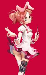1girl abe_nana animal_ears ass brown_eyes brown_hair dress highres holding holding_screwdriver idolmaster looking_at_viewer looking_back mechabare nanjima_command panties pink_panties ponytail rabbit_ears screwdriver short_hair simple_background solo tongue tongue_out underwear white_dress wrist_cuffs