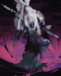 1boy 1girl absurdres angel_wings barefoot bone commentary english_commentary flower highres long_hair mikasamu original pelvis piano_keys ribs skeleton white_wings wings