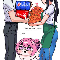 54kmlikeuniform absurdres angry blind_spot_(meme) brand_name_imitation can coca-cola cola creature doro_(nikke) drink_can flower-shaped_hair goddess_of_victory:_nikke hair_bun hair_intakes highres holding holding_can meme pepsi pink_hair product_placement purple_ribbon ribbon shiny_eyes single_side_bun soda soda_can