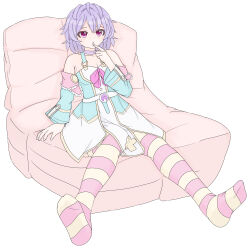 Rule 34 | 1girl, bare shoulders, detached sleeves, feet, finger to mouth, highres, jewelry, long hair, neck ring, neptune (series), open mouth, purple hair, pururut, short hair, simple background, sitting, socks, soles, solo, striped clothes, striped socks, user vadu8322, very long hair, white background