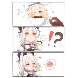 !? &gt;_&lt; 2girls ? absurdres black_gloves black_horns blonde_hair blush collared_shirt commentary cup curled_horns derivative_work english_commentary gloves hat heart highres holding holding_cup horns kiss kissing_cheek long_hair looking_at_another mikori mini_person mole mole_under_eye multiple_girls necktie one_eye_closed phoebe_(wuthering_waves) purple_eyes red_eyes red_necktie shirt spoken_blush spoken_question_mark teacup white_hat white_shirt wuthering_waves yuri zani_(wuthering_waves)