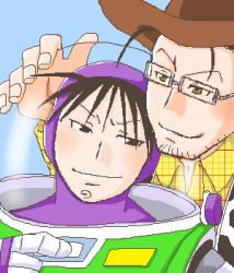 2boys artist_request buzz_lightyear cosplay cowboy cowboy_hat crossover disney fullmetal_alchemist glasses hat lowres maes_hughes male_focus multiple_boys oekaki parody roy_mustang sheriff_woody source_request toy_story cowboy_western what