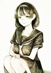 Rule 34 | 1girl, absurdres, arrow (symbol), bob cut, breasts, center-flap bangs, closed mouth, collarbone, commentary request, cross, cross print, crosshatching, disorder!, double horizontal stripe, feet out of frame, fingernails, hairband, hand on own knee, hatching (texture), highres, kneehighs, knees up, looking at viewer, medium breasts, medium skirt, necktie, original, sailor collar, school uniform, shirt, short hair, short sleeves, simple background, sitting, skirt, smile, socks, solo, white background