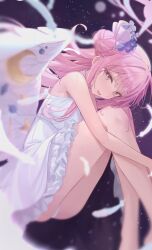 1girl absurdres angel_wings ass bare_shoulders blue_archive blush breasts dress feathered_wings feathers flower hair_bun hair_flower hair_ornament halo highres large_breasts long_hair mika_(blue_archive) open_mouth oyaji_hime panties pink_hair pink_halo purple_flower single_side_bun sleeveless sleeveless_dress smile solo underwear white_dress white_panties white_wings wings yellow_eyes