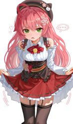 ... 1girl ahoge bare_shoulders ch1ckpyo green_eyes hat highres hololive looking_at_viewer pink_hair sakura_miko skirt solo spoken_ellipsis thighhighs thighs virtual_youtuber