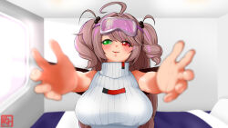 breasts facing_viewer girls&#039;_frontline goggles green_eyes hair_bobbles hair_ornament heterochromia highres large_breasts looking_at_viewer neoyamah outstretched_arms red_eyes ssg3000_(girls&#039;_frontline) sweater turtleneck turtleneck_sweater two_side_up