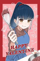 Rule 34 | 1girl, absurdres, apron, blue apron, blue hair, border, breasts, brown eyes, brown sweater, chocolate, commentary request, hair ornament, hair scrunchie, happy valentine, highres, holding, long hair, looking at viewer, medium breasts, mixing bowl, nijisanji, pink background, ponytail, red border, red scrunchie, scrunchie, smile, solo, sweater, valentine, virtual youtuber, whisk, yamagami karuta, yowayowap