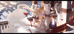 1girl absurdres angel_statue bad_id bad_pixiv_id bare_shoulders blonde_hair breasts butt_crack clothes_lift column commentary_request crown detached_sleeves feathers female_focus highres large_breasts letterboxed light_smile long_hair low-cut original pillar red_eyes revision skirt skirt_hold skirt_lift solo toriumi_harumi vase wind wind_lift