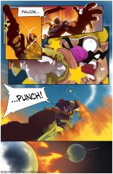 2boys broken_tooth captain_falcon comic english_text explosion f-zero facial_hair falcon_punch gloves hat helmet highres in_the_face metalhanzo multiple_boys mustache nintendo punching scarf super_smash_bros. wario watermark web_address