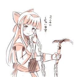 1girl ainu_clothes breasts fingerless_gloves gloves hair_ribbon highres japanese_text long_hair looking_at_viewer monochrome nakoruru ribbon samurai_spirits sketch small_breasts smile snk solo the_king_of_fighters translation_request weapon