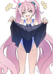 +++ +_+ blue_archive blue_one-piece_swimsuit blush_stickers clothes_lift competition_school_swimsuit fang foot_out_of_frame groin halo highleg highleg_one-piece_swimsuit highres koyuki_(blue_archive) lifting_own_clothes long_hair one-piece_swimsuit open_mouth pink_hair pink_halo rikudou5521 school_swimsuit short_eyebrows simple_background skin_fang skirt skirt_lift swimsuit swimsuit_under_clothes thick_eyebrows twintails two-tone_one-piece_swimsuit very_long_hair white_background white_one-piece_swimsuit