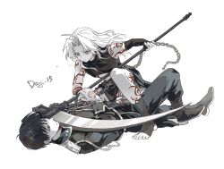 ahoge arm_markings black_boots black_gloves black_hair black_shirt boots chain crop_top edward_elric elbow_gloves fingerless_gloves full_body fullmetal_alchemist furrowed_brow gloves hair_between_eyes highres holding holding_hands holding_scythe jacket long_hair looking_at_another military_jacket military_uniform parted_bangs roy_mustang scythe shirt short_hair spot_color white_background white_gloves xue_ezi