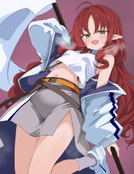 arknights brown_skirt brown_socks highres jacket long_hair looking_at_viewer myrtle_(arknights) navel pointy_ears rainyghostdance_(migumo) red_hair shirt skirt socks thighs white_jacket white_shirt