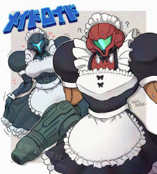 1girl 2girls ? apron arm_cannon armor artist_name assault_visor black_dress blue_visor commentary dark_samus dress english_text green_visor heart helmet maid maid_apron maid_headdress metroid mixed-language_text multiple_girls nintendo power_armor power_suit samus_aran science_fiction sweatdrop varia_suit wakaba_(wata_ridley) watermark weapon