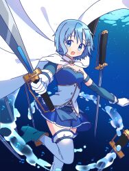 1girl blue_background blue_eyes blue_hair capelet highres holding holding_sword holding_weapon looking_at_viewer magical_girl mahou_shoujo_madoka_magica medium_hair miki_sayaka miki_sayaka_(magical_girl) ruru_(rurumagi) solo sword thighhighs weapon white_capelet white_thighhighs