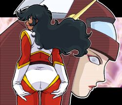 Rule 34 | 2girls, ass, black hair, bodysuit, brown hair, cowboy shot, dark-skinned female, dark skin, eyeliner, f a, from behind, gloves, great mazinger, green eyes, hands on own ass, honoo jun, lipstick, looking to the side, makeup, mazinger (series), mecha pilot suit, metal hair, multicolored bodysuit, multiple girls, oekaki, outline, parted lips, profile, red bodysuit, red eyeliner, red lips, robot girl, two-tone bodysuit, venus a, very dark skin, white bodysuit, white gloves, white outline