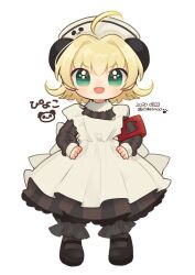 1girl absurdres ahoge animal_ears apron armband black_dress blonde_hair di_gi_charat dot_nose dress full_body green_eyes hat highres long_sleeves looking_at_viewer odetooo open_mouth panda_ears piyoko puffy_sleeves red_armband shoes short_hair simple_background solo standing white_apron white_background white_hat