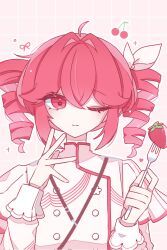 1girl buttons cherry closed_mouth double-breasted drill_hair food fork fruit highres holding holding_fork kasane_teto kasane_teto_(sv) long_sleeves mei_(meiday_mise) one_eye_closed red_eyes red_hair solo strawberry synthesizer_v twin_drills upper_body