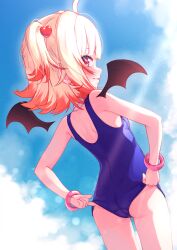 1girl adjusting_clothes adjusting_swimsuit aruru_rosario ass blonde_hair blue_one-piece_swimsuit breasts closed_mouth colored_tips detached_wings from_behind hair_ornament heart heart_hair_ornament highres indie_virtual_youtuber kiirokuma looking_back multicolored_hair one-piece_swimsuit red_eyes red_hair school_swimsuit short_hair small_breasts solo swimsuit virtual_youtuber wings