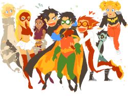 3boys 5girls ^_^ aliasing arrowette bare_shoulders bart_allen black_footwear black_hair black_jacket blonde_hair blue_eyes bodysuit boots cape cassandra_sandsmark closed_eyes colored_skin dark_skin dc_comics domino_mask empress_(dc) floating flying gloves greta_hayes grey_skin happy heart impulse jacket jika-tabi kon-el lobo long_hair looking_back mask microskirt midriff miniskirt multiple_boys multiple_girls nisshie one_eye_closed pale_skin pants red_footwear red_gloves red_hair robin_(dc) secret secret_(dc) simple_background skirt smile split-toe_footwear superboy thigh_boots thighhighs tim_drake twintails white_background white_skirt wink wonder_girl young_justice