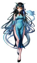 1girl absurdres aqua_dress aqua_hair aqua_horns arknights black_hair black_shoes breasts china_dress chinese_clothes colored_extremities commentary covered_navel dragon_girl dress dusk_(arknights) dusk_(everything_is_a_miracle)_(arknights) eastern_dragon_horns eastern_dragon_tail full_body green_hands hair_between_eyes hashtag-only_commentary highres horns long_hair medium_breasts multicolored_hair official_alternate_costume orange_eyes parted_lips pelvic_curtain pointy_ears senju_yosiyuki shoes simple_background sleeveless sleeveless_dress solo standing streaked_hair tachi-e two-tone_hair very_long_hair white_background