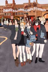 Rule 34 | 5girls, 6+boys, annie leonhart, armin arlert, bag, bag charm, bertolt hoover, black hair, black socks, blue nails, bob cut, bow, bowtie, brown hair, character request, charm (object), check character, commentary request, connie springer, eating, eren yeager, fingernails, freckles, full body, hair between eyes, hair bun, highres, jean kirstein, krista lenz, leg warmers, long fingernails, marco bott, mario (series), mikasa ackerman, multiple boys, multiple girls, nintendo, outdoors, ponytail, red scarf, reiner braun, sasha blouse, scarf, school bag, school uniform, shingeki no kyojin, sidelocks, skirt, socks, stuffed animal, stuffed toy, super mushroom, super star (mario), takeuchi ryousuke, taking picture, teddy bear, ymir (shingeki no kyojin)