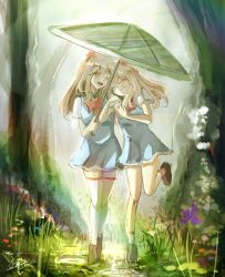 Rule 34 | 2girls, artist logo, artist name, blue dress, closed eyes, dress, grey hair, hand on another&#039;s cheek, hand on another&#039;s face, highres, holding, holding umbrella, logo, long hair, multiple girls, one eye closed, open mouth, original, pink eyes, shared umbrella, shoes, siblings, sisters, sketch, thighhighs, twins, two-tone dress, umbrella, von grechii, white dress, white thighhighs