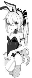1girl absurdres animal_ears arm_garter bare_shoulders breasts detached_collar fake_animal_ears fishnet_thighhighs fishnets greyscale hair_between_eyes highres holding holding_tray leotard long_hair looking_at_viewer monochrome original playboy_bunny rabbit_ears sidelocks small_breasts solo thighhighs tray twintails very_long_hair wagashi_(dagashiya) wrist_cuffs