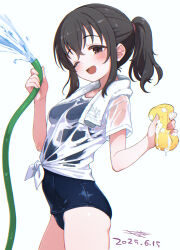 1girl absurdres black_eyes black_hair breasts commentary_request dated fujiwara_hajime highres holding hose idolmaster idolmaster_cinderella_girls komodj one-piece_swimsuit one_eye_closed ponytail school_swimsuit shirt short_sleeves signature simple_background small_breasts smile solo sponge swimsuit swimsuit_under_clothes tied_shirt wet wet_clothes wet_shirt white_background