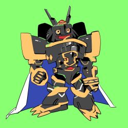 Rule 34 | absurdres, alphamon, armor, black armor, black helmet, cape, chibi, dawu233, digimon, digimon (creature), forehead jewel, full body, green background, helmet, highres, knight, simple background, solo, white cape, yellow eyes