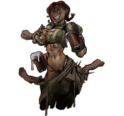 1girl alcohol apron apron_pull barmaid beer beer_mug blush braid breasts choker cleavage clothes_pull commentary cup darkest_dungeon disembodied_hand dongorbleone earrings english_commentary female_pubic_hair freckles grabbing_another&#039;s_breast grin groping hair_between_eyes holding holding_cup jewelry large_breasts looking_at_viewer medium_hair mug navel orange_eyes orange_hair pubic_hair smile solo_focus spanking thong transparent_background