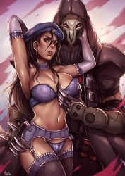 1boy 1girl aged_down ana_(overwatch) areola_slip armpits beret black_hair bra breasts brown_eyes captain_amari choker claws cleavage commentary dark-skinned_female dark-skinned_male dark_skin deep_skin earrings elbow_gloves frilled_thighhighs frills garter_belt garter_straps gloves grabbing_another&#039;s_breast groping hair_between_eyes hat hetero jewelry kachima large_breasts lips mask mature_female navel overwatch overwatch_1 panties purple_choker purple_gloves purple_hat purple_panties purple_thighhighs reaper_(overwatch) red_eyes skull_mask stomach strapless strapless_bra thighhighs underwear