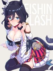 1girl animal_ears black_hair black_thighhighs blue_eyes blue_ribbon boris_(noborhys) bow breasts character_name cleavage commentary_request ear_ribbon eishin_flash_(umamusume) grey_background hair_between_eyes highres horse_ears horse_girl horse_tail large_breasts looking_at_viewer ribbon short_hair simple_background solo tail thighhighs umamusume
