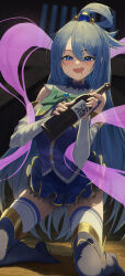 1girl :d absurdres aqua_(konosuba) bare_shoulders blue_boots blue_brooch blue_eyes blue_hair blue_shirt blue_skirt blush boots bottle bow bowtie buttons chinese_commentary commentary_request detached_sleeves drooling drunk dutch_angle eyelashes frilled_skirt frills full_body green_bow green_bowtie hair_between_eyes hair_bobbles hair_ornament hair_rings hands_up highres holding holding_bottle indoors kneeling kono_subarashii_sekai_ni_shukufuku_wo! long_hair long_sleeves looking_at_viewer miniskirt mouth_drool no_shoes open_mouth pleated_skirt re_naya sake_bottle shirt single_hair_ring skirt sleeveless sleeveless_shirt smile solo straight_hair thigh_boots thighhighs thighhighs_under_boots tsurime very_long_hair white_thighhighs zettai_ryouiki