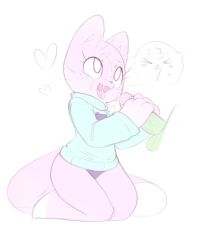 &gt;_&lt; 1boy 1girl :3 animal_ears blue_sweater body_fur cat_ears cat_girl cat_tail cum cum_in_mouth cum_on_body cum_on_tongue cum_string disembodied_penis erection facial freckles full_body furry furry_female furry_male furry_with_furry green_penis handjob hands_up happy heart hetero kekitopu kneeling long_sleeves looking_at_another looking_up mochi_(kekitopu) no_pants open_mouth original panties penis pink_fur purple_panties simple_background sketch smile solo_focus speech_bubble suama_(kekitopu) sweater tail testicles thick_thighs thighs tongue tongue_out two-handed_handjob two-tone_fur underwear veins veiny_penis whiskers white_background white_eyes white_fur