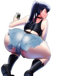 Rule 34 | 1girl, alcohol, ass, ass focus, bare shoulders, beer, beer can, black hair, bleach, blush, boots, breasts, can, choker, drink can, drunk, embarrassed, female focus, gairon, highres, huge ass, kneeling, large breasts, long hair, mature female, multiple views, shorts, tank top, thick thighs, thighs, turnaround, turning head, unagiya ikumi