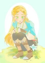 1girl black_pants blonde_hair blue_eyes blue_tunic boots braid brown_boots brown_gloves crown_braid didi_en_ilu fingerless_gloves flower frog gloves green_eyes hair_ornament hairclip highres jewelry layered_sleeves long_hair nintendo open_mouth pants pointy_ears princess_zelda sidelocks silent_princess squatting the_legend_of_zelda the_legend_of_zelda:_breath_of_the_wild tunic