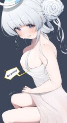 1girl artist_name blue_archive blunt_ends blush breasts bun_with_braided_base caff_(aosui9) cleavage commentary_request dress english_text feet_out_of_frame from_side grey_background grey_eyes grey_pupils hair_bun halo highres large_breasts long_hair long_sidelocks looking_at_viewer mechanical_halo microphone no_bra noa_(blue_archive) open_mouth shadow short_dress sidelocks simple_background sitting skindentation smile solo speech_bubble strapless strapless_dress taut_clothes taut_dress white_dress white_hair