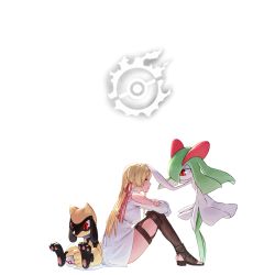 1girl aged_down alternate_color blonde_hair blue_eyes boots brown_footwear clothing_cutout commentary crossed_arms crossover crying dress eye_contact final_fantasy final_fantasy_xiv from_side full_body gen_3_pokemon gen_4_pokemon hair_ribbon hand_on_own_arm headpat hyur kirlia knees_up legwear_garter long_hair looking_at_another nintendo no_feet poke_ball pokemon pokemon_(creature) potion_lilac premier_ball profile ribbon riolu ryne_waters shiny_pokemon shoulder_cutout simple_background sitting tears thigh_boots toeless_legwear white_background white_dress