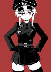 absurdres black_thighhighs blonde_hair breasts germany gloves hands_on_own_hips highres jiseki_rena looking_at_viewer military_uniform nazi red_background red_eyes thighhighs thighs