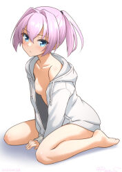 1girl blue_eyes breasts collarbone drawstring hair_intakes hood hooded_jacket hoodie jacket kantai_collection naked_jacket one-hour_drawing_challenge open_clothes open_hoodie pink_hair ponytail ray.s shiranui_(autumn)_(kancolle) shiranui_(kancolle) short_hair simple_background sitting small_breasts solo wariza white_background white_jacket