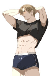 1boy abs absurdres arms_behind_head arms_up black_shirt blonde_hair blue_eyes blue_male_underwear boxer_briefs commentary crop_top groin highres hot jujeop leon_s._kennedy looking_to_the_side male_focus male_underwear muscular muscular_male parted_lips resident_evil shirt short_sleeves simple_background solo sweat sweatdrop underwear white_background