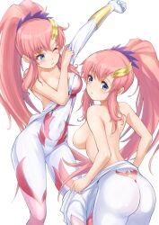 Rule 34 | 1girl, ass, blue eyes, bodysuit, breasts, dressing, gundam, gundam seed, gundam seed freedom, highres, impossible bodysuit, impossible clothes, lacus clyne, long hair, looking at viewer, mecha pilot suit, mobile suit, normal suit (gundam), pariya 0001, pink hair, ponytail, skin tight, spacesuit