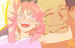 1boy 1girl ^_^ bartholomew_kuma blush close-up closed_eyes closed_mouth commentary_request couple freckles ginny_(one_piece) highres hug looking_at_viewer one_piece open_mouth pink_eyes pink_hair qkix smile star_(symbol)