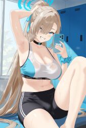 1girl absurdres armpits asuna_(blue_archive) bike_shorts black_choker black_shorts blonde_hair blue_archive blue_eyes blue_halo breasts choker cleavage commentary english_commentary halo highres holding holding_phone indoors knee_up large_breasts lewd_chan locker locker_room long_hair midriff navel phone ponytail scrunchie shorts solo sports_bra two-tone_sports_bra very_long_hair wrist_scrunchie