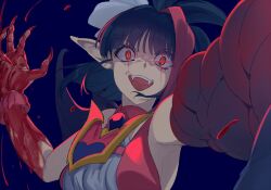Rule 34 | black hair, blood, blood on hands, blue hair, claws, fangs, looking at viewer, millaarc, mokutan mmmm, open mouth, pointy ears, purple background, red eyes, senki zesshou symphogear