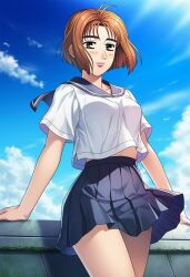 1girl ai-generated blue_sky breasts brown_eyes brown_hair clothes_lift cloud commission cropped_legs head_tilt highres highschool_uniform initial_d large_breasts looking_at_viewer medium_breasts midriff_peek miniskirt mogi_natsuki pink_lips pleated_skirt school_uniform short_hair skirt skirt_lift sky smile solo sunshine_light